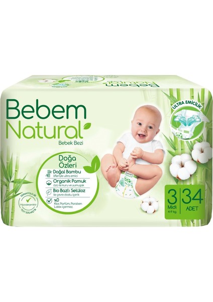 Bebem Bebek Bezi Natural Jumbo Ekonomik Pk Beden:3 (4-9kg) Midi 68 Li fiyatları