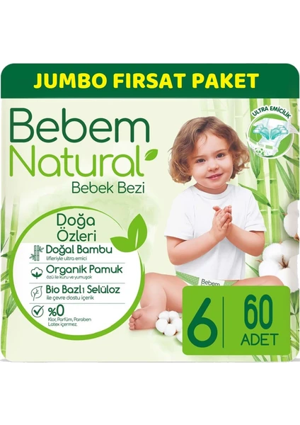 Bebem Bebek Bezi Natural Jumbo Fırsat Pk Beden:6 (15+Kg) Ekstra Large 60 Adet