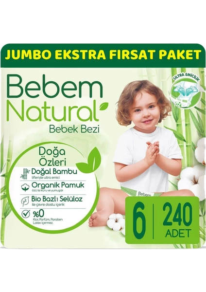 Bebem Bebek Bezi Natural Jumbo Ekstra Fırsat Pk Beden:6 (15+Kg) Ekstra Large 240'LI