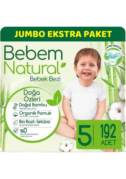 Bebem Bebek Bezi Natural Jumbo Ekstra Pk Beden:5 (11-18KG) Junior 192'LI