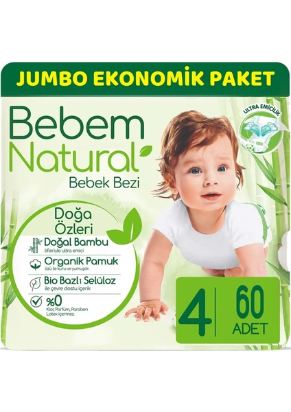 Bebem Bebek Bezi Natural Jumbo Ekonomik Pk Beden:4 (7-14KG) Maxi 60'lı