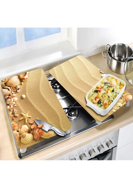 Cam Ocak Koruyucu ve Kesim Tablası Kumsal (80 cm. x 52 cm.) 2 Parça, 5'li Ocaklar