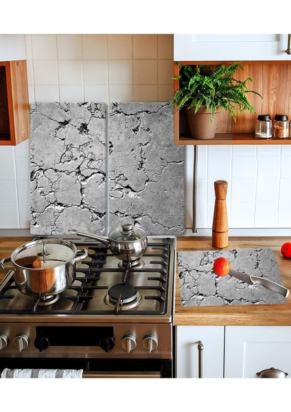 Takım Halinde Gri Taş Mermer 20 x 30 cm. Kesme Tablası ve 60 x 52 cm. Cam Ocak Koruyucu 4'lü Ocaklar