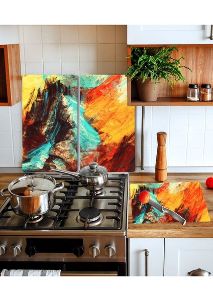 Takım Halinde Boya 20 x 30 cm. Kesme Tablası ve 60 x 52 cm. Cam Ocak Koruyucu 4'lü Ocaklar