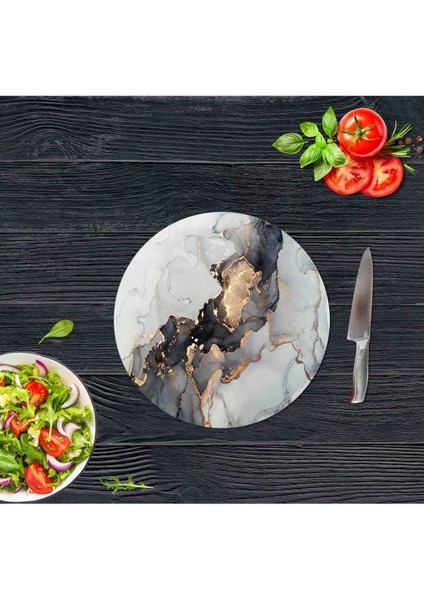 Siyah Yaldızlı Cam Kesme Tahtası - Sunum Tabağı| Çap 20 cm.