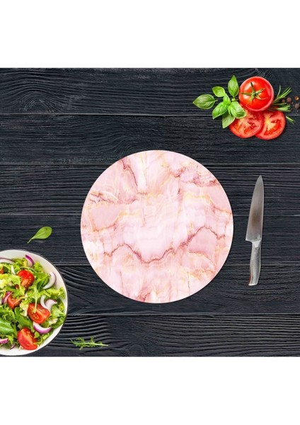 Pembe Mermer Cam Kesme Tahtası - Sunum Tabağı| Çap 20 cm.
