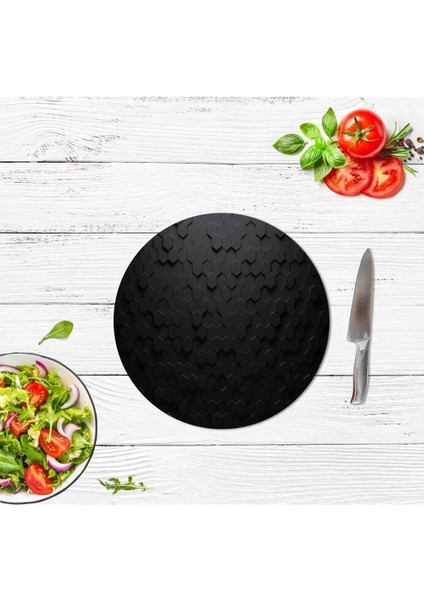 Siyah Altıgen Cam Kesme Tahtası - Sunum Tabağı| Çap 20 cm.
