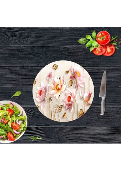 Ballı Çiçekler Cam Kesme Tahtası - Sunum Tabağı| Çap 20 cm.
