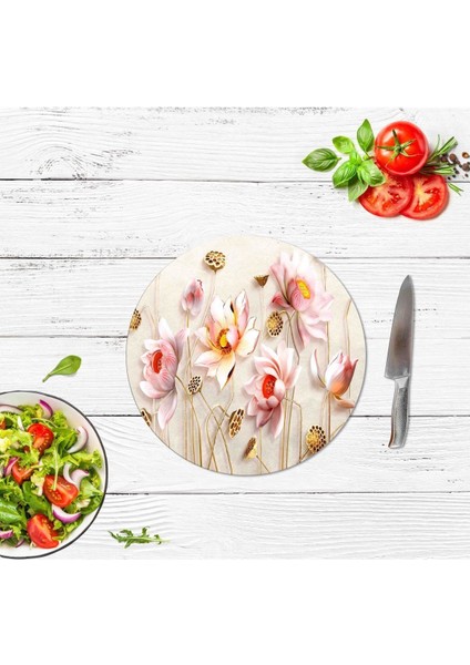 Ballı Çiçekler Cam Kesme Tahtası - Sunum Tabağı| Çap 20 cm. fiyatları