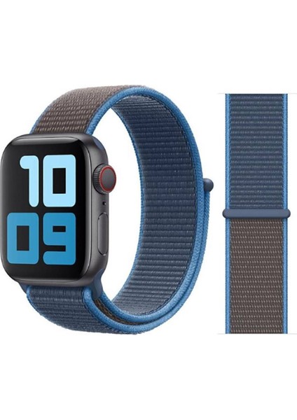 Apple Watch Uyumlu 38 mm Kordon Renkli Hafif Örgülü Hasır Kordon Gri - Mavi