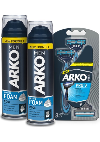 Arko Men Cool Tıraş Köpüğü 2 x 200 ml ve Arko Men T3 Tıraş Bıçağı 3'lü