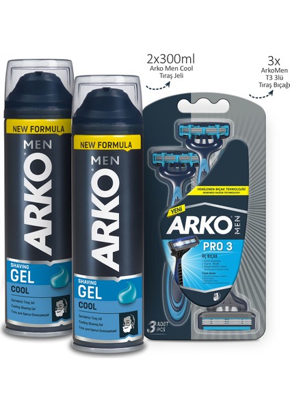 Arko Men Cool Tıraş Köpüğü 2 x 200 ml ve Arko Men T3 Tıraş Bıçağı 3'lü