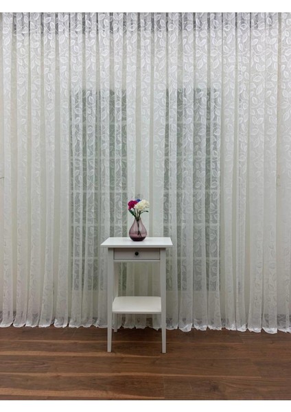 Yaprak Desen Fransız Dantel Tül Perde, 200X200, Seyrek Pile, 1/2