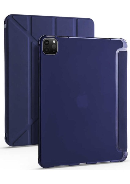 Apple iPad Pro 12.9 '' 2020 Hafif Katlanır Akıllı Kılıf Uyku Modu Özellikli Kalemlikli Tablet Kılıfı Ince Hafif Saydam Buzlu Arka Koruyucu Lacivert
