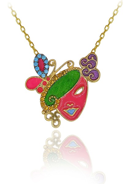 Akua Sarı Taşlı Renkli Mineli Kelebekli Maske Gümüş Kolye