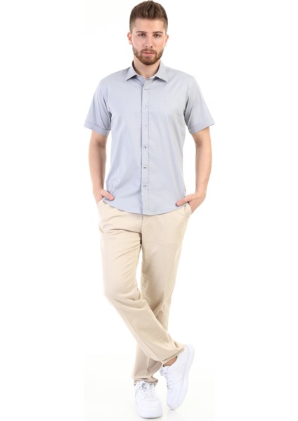 Slimfit Çıtçıtlı Kısa Kol Gömlek -Açık Gri