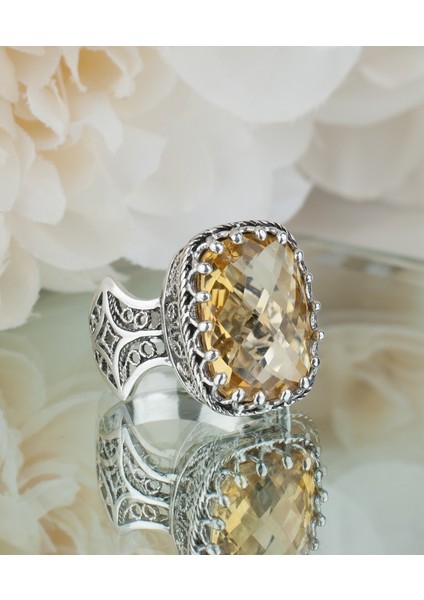 925 Ayar Gümüş El Tasarımı Telkari Sanatı Doğal Citrine (Sitrin) Taşlı Kadın Yüzük