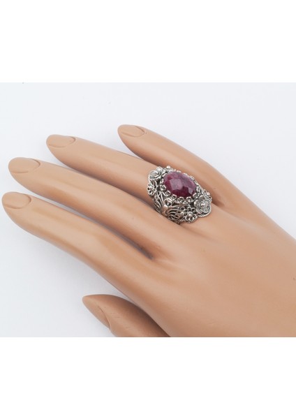 925 Ayar Gümüş El Tasarımı Telkari Sanatı Doğal Ruby Korindon (Opak Yakut) Taşlı Kadın Yüzük