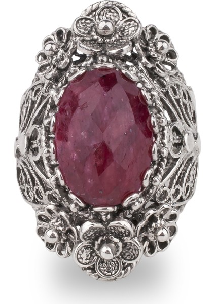 925 Ayar Gümüş El Tasarımı Telkari Sanatı Doğal Ruby Korindon (Opak Yakut) Taşlı Kadın Yüzük