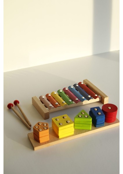 Wooden Toys Ahşap Ksilofon Eğitici Oyuncak + Geometrik Şekilli 5'li Geçmeli Oyuncak Puzzle