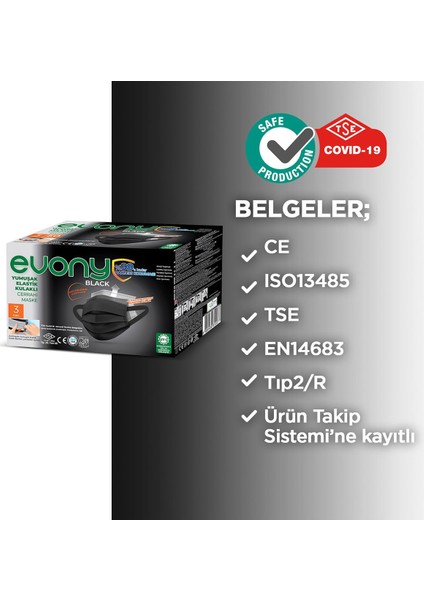 Siyah Elastik Kulaklı Maske 50 Adet + Evony Yeşil Elastik Kulaklı Maske 50 Adet