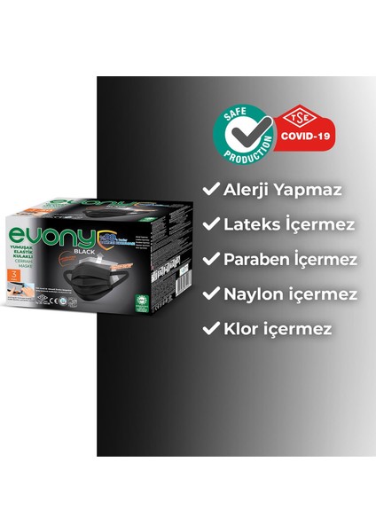 Siyah Elastik Kulaklı Maske 50 Adet + Evony Yeşil Elastik Kulaklı Maske 50 Adet