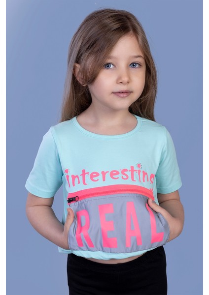Toontoy Kız Çocuk Crop Model Cebi Reflektör Detaylı Baskılı Tişört