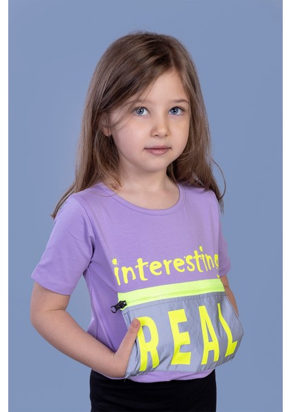 Toontoy Kız Çocuk Crop Model Cebi Reflektör Detaylı Baskılı Tişört