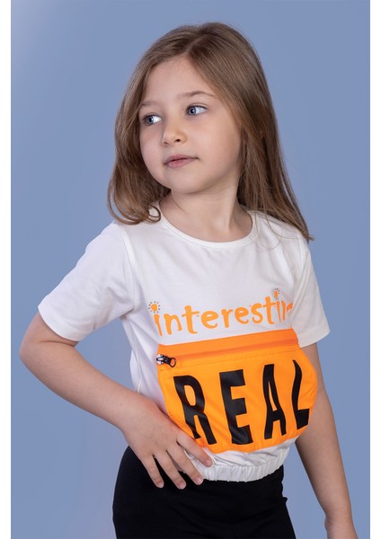 Toontoy Kız Çocuk Crop Model Cebi Reflektör Detaylı Baskılı Tişört