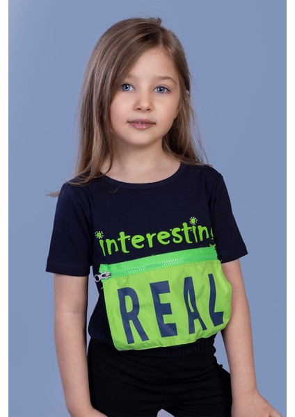 Toontoy Kız Çocuk Crop Model Cebi Reflektör Detaylı Baskılı Tişört