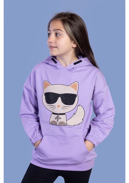 Toontoy Kız Çocuk Kedi Desenli Taş Işlemeli Kanguru Cepli Sweatshirt