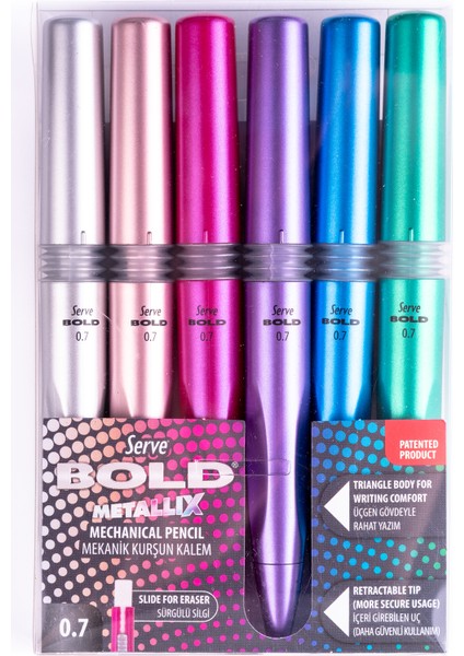 Bold Mekanik Kurşun Kalem - Metalik Renkler - 6'lı Set