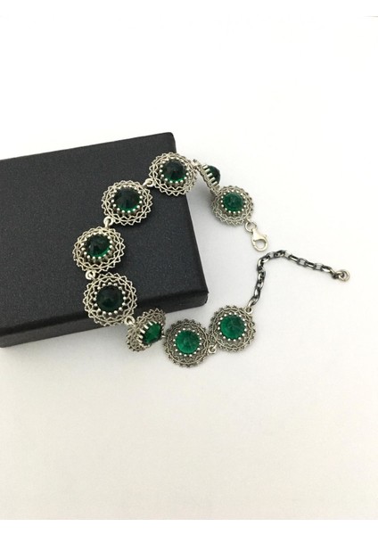 Gümüş Kök Zümrüt Taşlı Telkari Bileklik