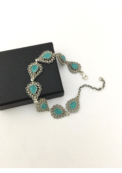 Gümüş Turkuaz Taşlı Damla Telkari Bileklik