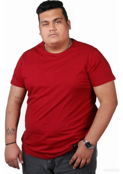 Büyük Beden Erkek Bordo Sıfır Yaka Pamuklu T-Shirt