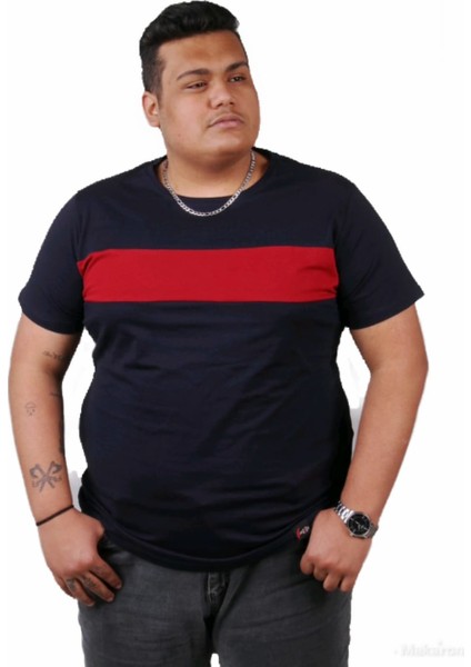 Büyük Beden Erkek Pamuklu Önü Parçalı Lacivert T-Shirt
