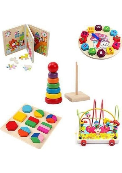 Wooden Toys Ahşap Eğitici 5 Li Set Zeka Algı Oyunları Helezon - Puzzle - Saat - Geometrik