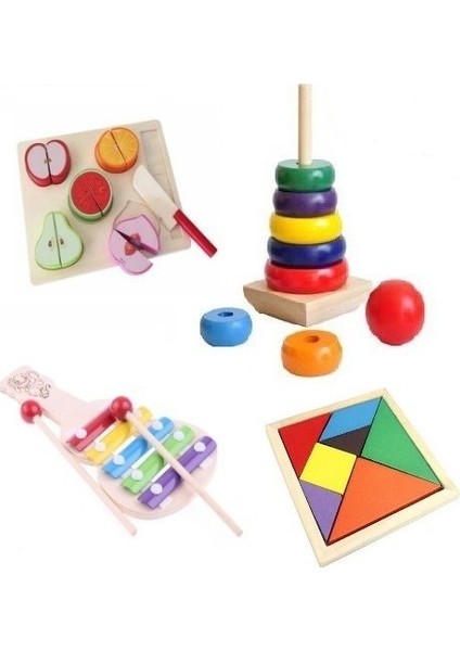 Wooden Toys Ahşap Eğitici Geliştirici Geçmeli Kule+Meyve Kesme+Tangram+Selefon 4'lü Set