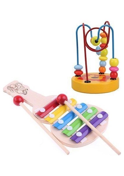 Wooden Toys Ahşap Eğitici Geliştirici Koordinasyon ve 5 Nota Gitar Selefon 2'li Set