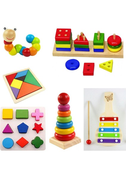 Wooden Toys Ahşap Zeka Eğitici Tangram+Geometrik Şekiller+Bultak+Tırtıl+Kule 6'lı Set
