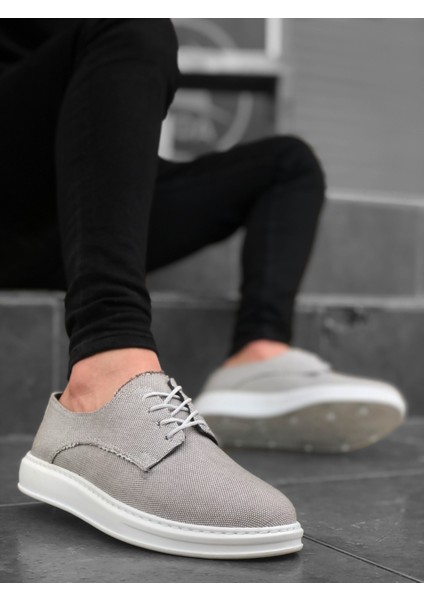 BA0003 Bağcıklı Klasik Spor Gri Renk Keten Yüksek Taban Casual Erkek Ayakkabı