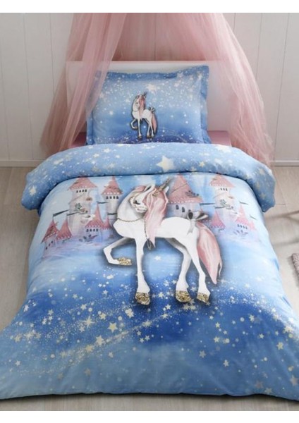 Unicorn Dream Fosforlu Tek Kişilik Nevresim Takımı Mavi