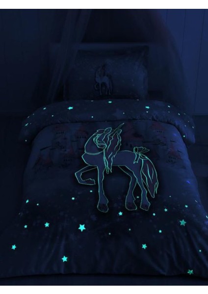 Unicorn Dream Fosforlu Tek Kişilik Nevresim Takımı Mavi