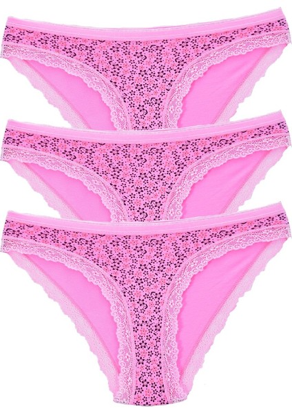 Kadın 3'lü Paket Desenli Bikini Külot Pembe