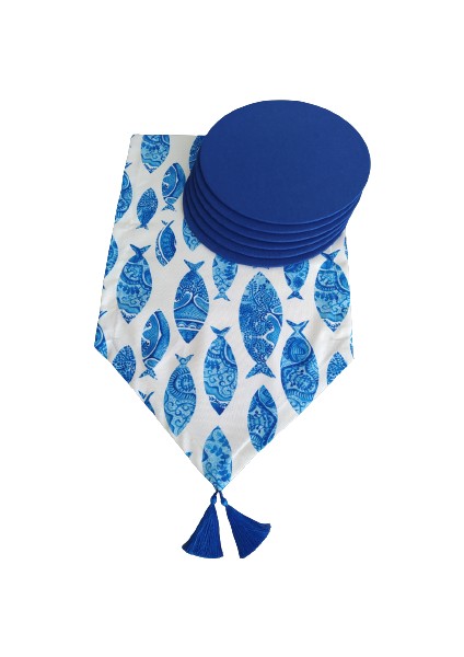 Balık Desen Runner+6 Adet Saks Mavisi Amerikan Servis Supla Seti