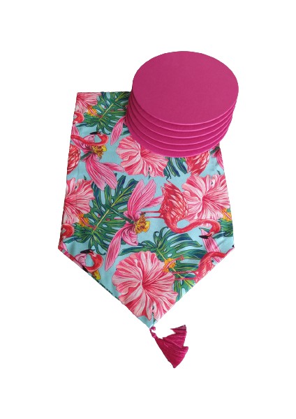 Flamingo Desen Runner+6 Adet Fuşya Amerikan Servis Supla Seti