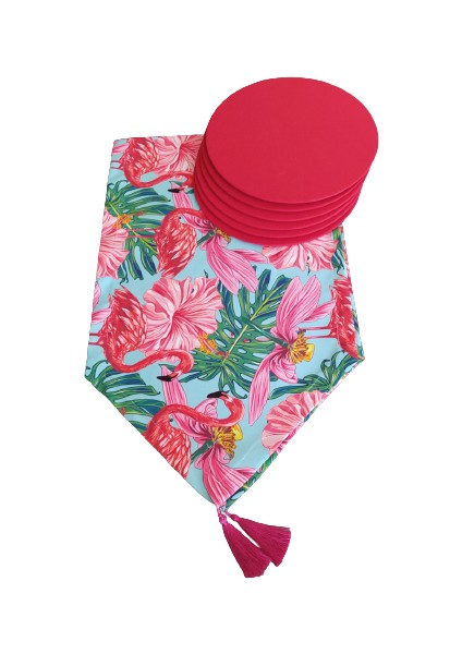 Flamingo Desen Runner+6 Adet Kırmızı Amerikan Servis Supla Seti