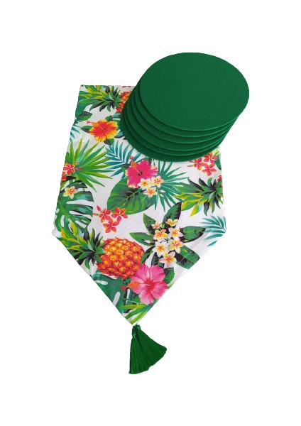Ananas Desen Runner+6 Adet Yeşil Amerikan Servis Supla Seti