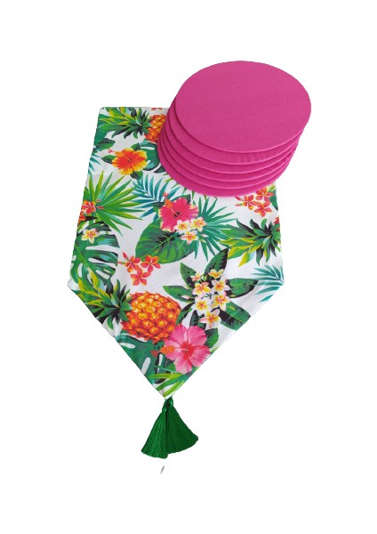 Ananas Desen Runner+6 Adet Fuşya Amerikan Servis Supla Seti