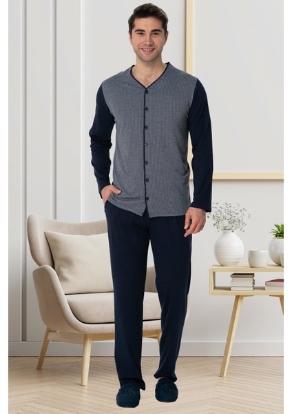 By Mecit 2774 Lacivert Önden Düğmeli Büyük Beden Erkek Pijama Takımı
